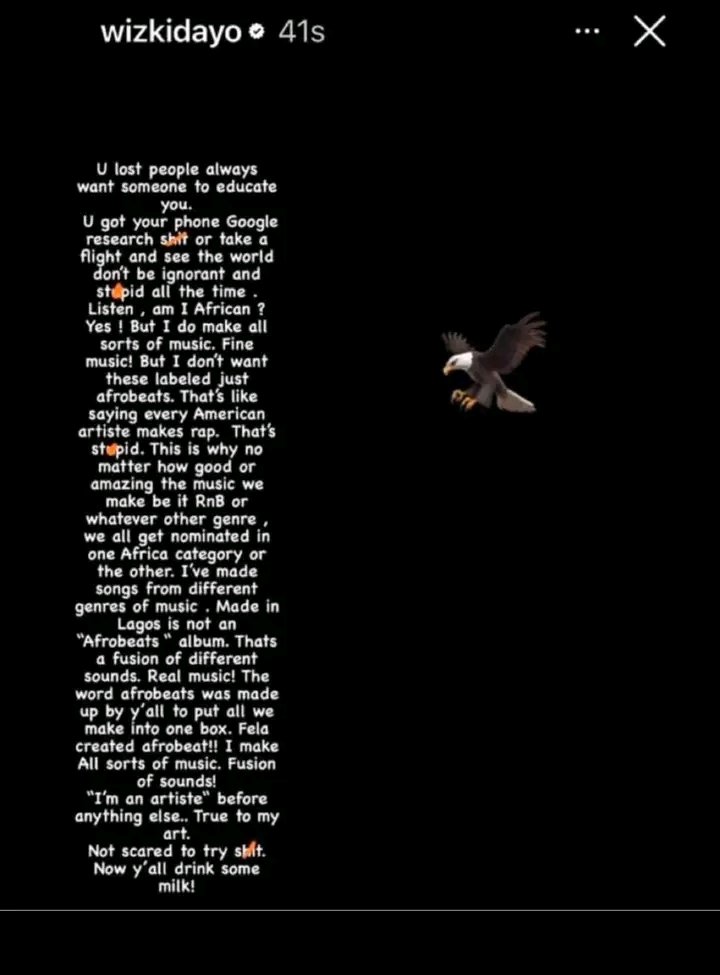 WizkidArchiveHQ's tweet photo. Wizkid Speaks Out: “Don’t Box My Music Into Afrobeats”
#Wizkid #madeinlagos #WizkidArchive https://t.co/fvesCDxBHp