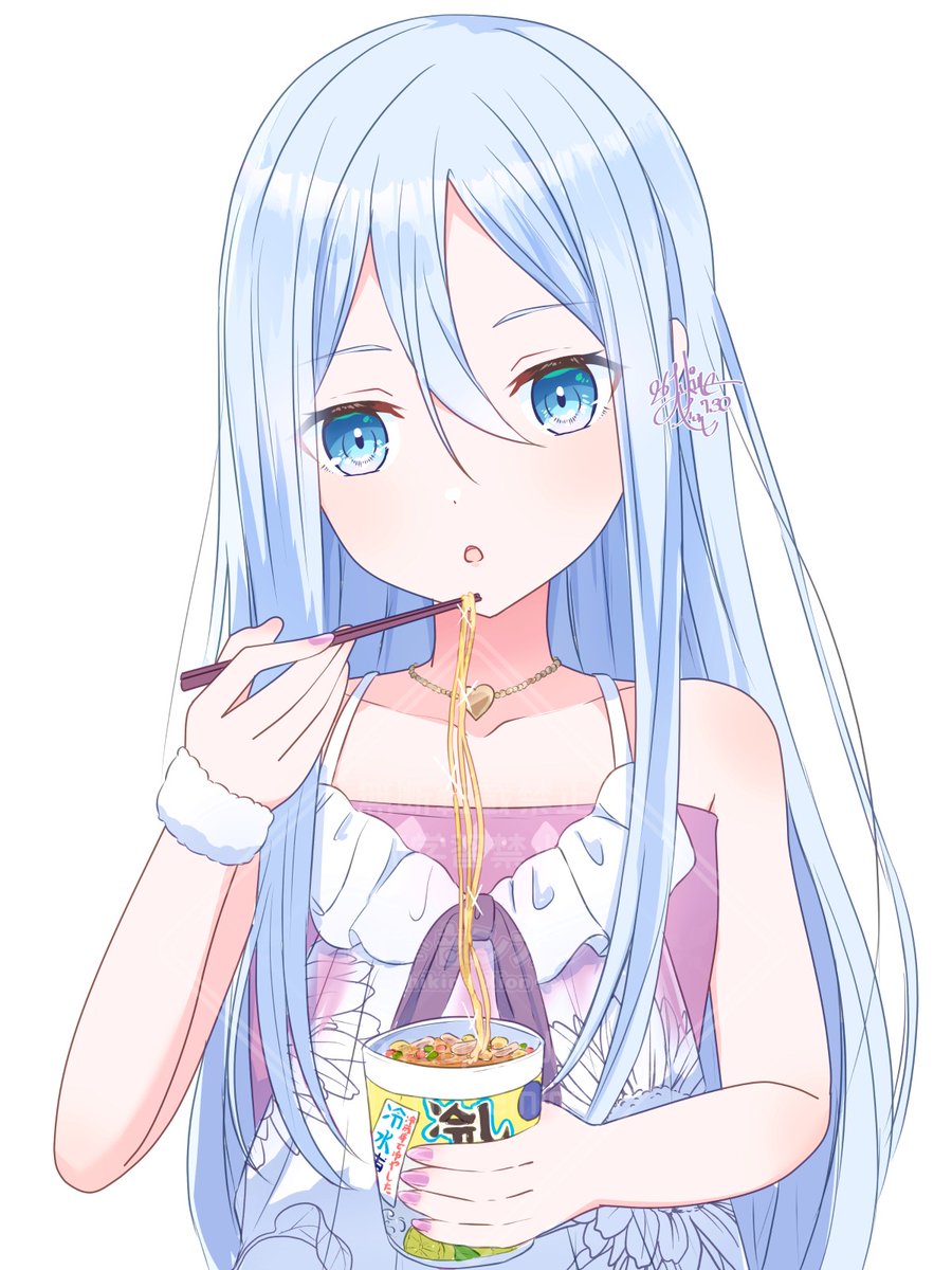 ShikineXion's tweet photo. 冷やしカップ麺を食べる奏ちゃん https://t.co/gKMb1HtmJm