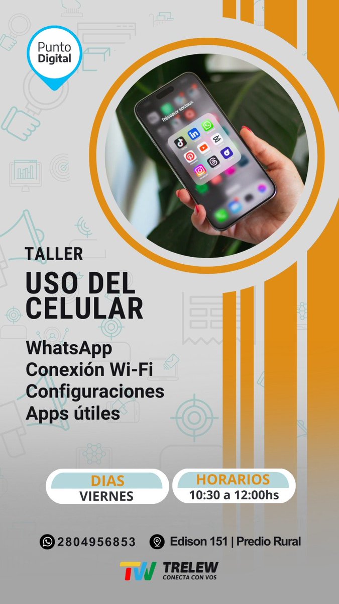 PuntoTrelew's tweet photo. 📱 ¿Querés sacarle más provecho a tu celular? Este espacio es para vos.

Te invitamos a sumarte al Taller de Uso del Celular, donde vas a aprender de forma simple y práctica a manejar mejor tu teléfono en el día a día. https://t.co/4JWDQ7SBXC