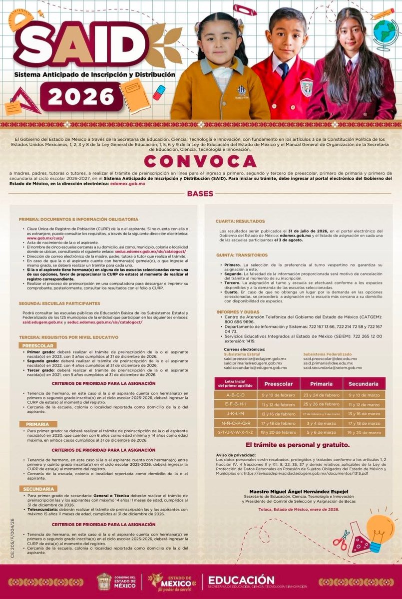 15ees0222a's tweet photo. 📣 Atención 📣

🎒Consulta la convocatoria de la segunda fase del #SAID2026 y participa en el proceso de inscripción para tus hijas o hijos.👇🏻

🗓¡Que no se te pase!

🌐 https://t.co/PbH3wUOnzk

#ElPoderDeLaEducación https://t.co/H33hhqwoFd