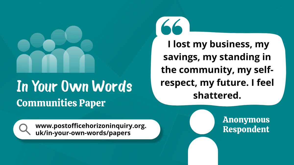 PostOffInquiry's tweet photo. The latest paper from our listening project #InYourOwnWords, explores how the Horizon scandal devastated both individuals and communities across the UK.

People were shunned and felt forced to leave the communities they had served for years.

Read more: https://t.co/ybvhduz2F2 https://t.co/pfiZgIUMiU