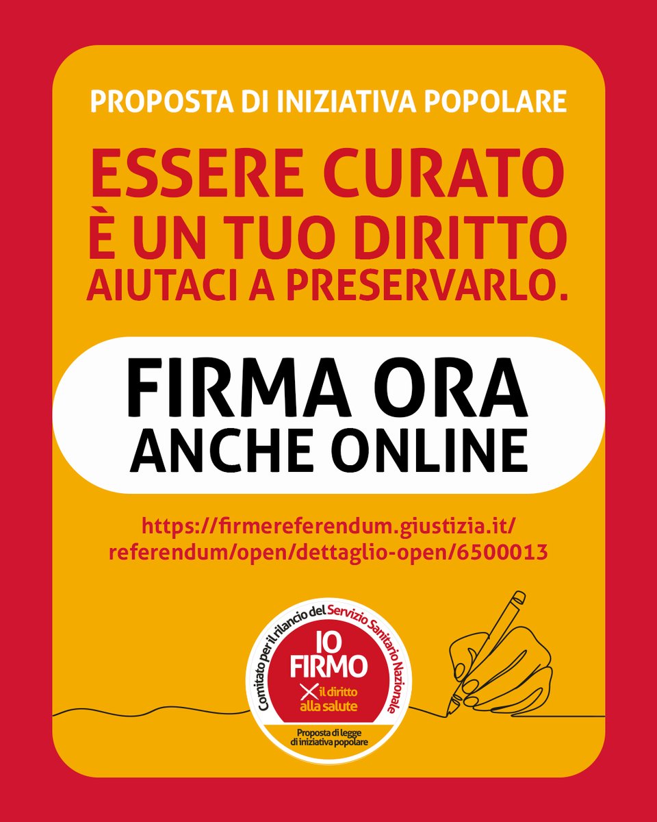 cgilnazionale's tweet photo. FIRMA QUI LA PROPOSTA DI LEGGE👇
https://t.co/XLj9iKdfnQ

Il Servizio Sanitario Nazionale sta vivendo da tempo una grave crisi sistemica e di sostenibilità che si traduce in tempi di attesa insostenibili, profonde diseguaglianze tra persone e territori con 8 Regioni che non garantiscono i Livelli Essenziali di Assistenza, un decimo della popolazione (in forte e continua crescita) che rinuncia a cure e prestazioni, la spesa sanitaria direttamente a carico delle famiglie che supera i 43 miliardi di euro e il personale sanitario che non è adeguatamente valorizzato economicamente e professionalmente ed è insufficiente e allo stremo.

Rendiamo effettivo il diritto alla tutela della salute nel rispetto della Costituzione e della Legge 833/1978, rafforzando il Servizio Sanitario Nazionale e valorizzando il lavoro.

Firma online o nei banchetti in piazza la proposta di legge di iniziativa popolare.

Approfondisci i contenuti qui 👉 https://t.co/C0yCh9n6rR