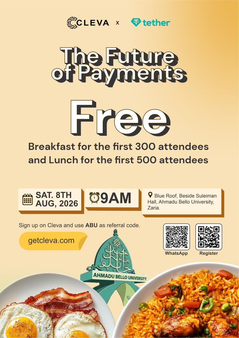 primebjay's tweet photo. Money and payments are changing. The future is already being built, and I want a frontrow seat. Looking forward to attending the CLEVA ร Tether event at ABU. It's more than free food, it's a chance to learn from innovators and explore the future of finance.๐
#ClevaisThree https://t.co/tqkWYIaVwE