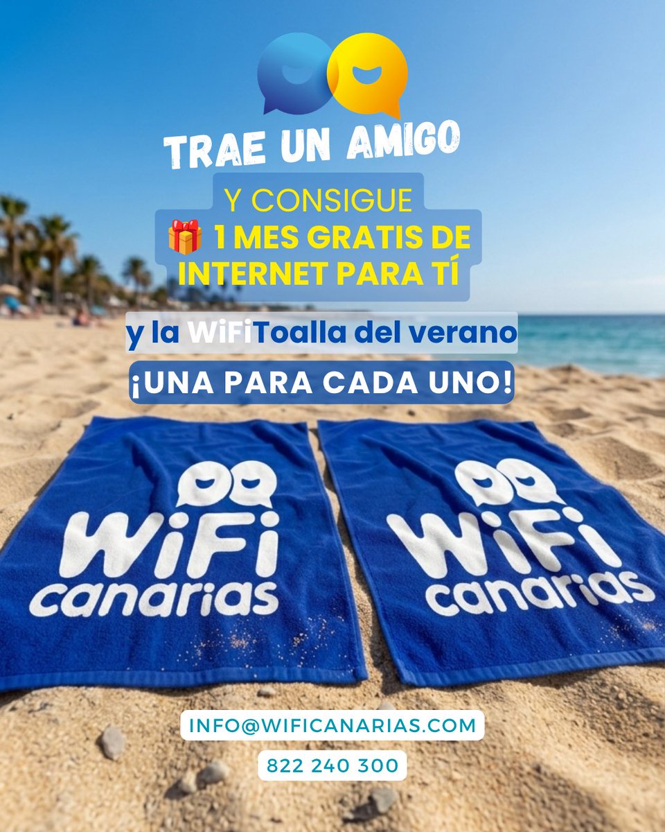 WiFiCanarias's tweet photo. ¿Conoces a alguien que quiera mejorar su Internet? 👀

🤝 Tráelo a WiFi Canarias y consigue:
✅ 1 mes GRATIS por cada amigo (hasta 3)
🏖️ Una toalla para ti y otra para él.
📍 Solo en Tenerife.
👉 https://t.co/tM2lnioa0Y

#WiFiCanarias #InternetTenerife https://t.co/hFCBJSZ9u7