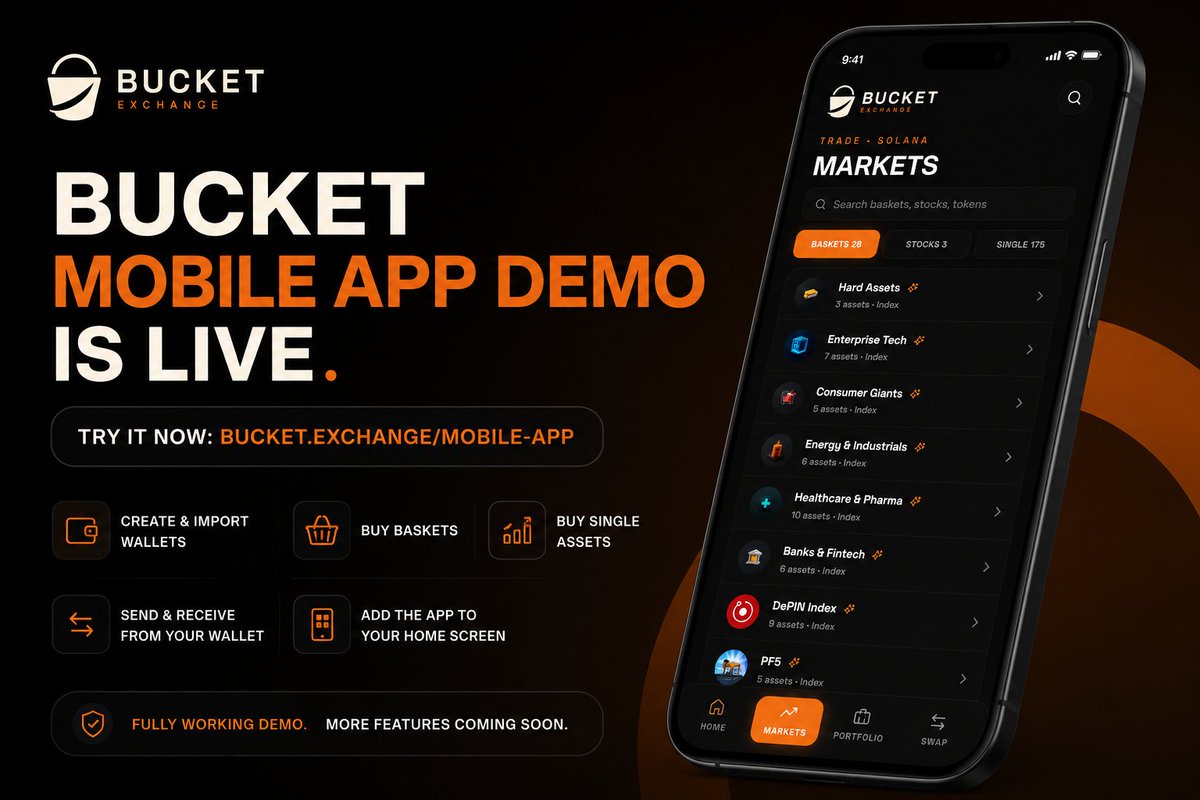 Bucketexchange's tweet photo. The Bucket mobile app demo is now live. 

Try it now at https://t.co/3XTL4ImnlR.

Current demo features:

• Create & import wallets
• Buy baskets
• Buy single assets
• Send & receive from your wallet
• Add the app directly to your mobile home screen for an app-like experience

More features are on the way before the official release.