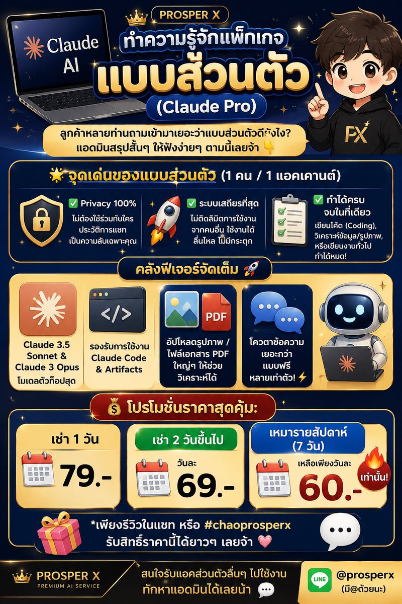 dcdvibuigmb7pg's tweet photo. 🚀 เช่า Claude Pro ส่วนตัว 💻
1 แอค / 1 คน ไม่ต้องหารใคร Privacy 100% เขียนโค้ดเนียนๆ วิเคราะห์งานเป๊ะ!

🔥 เรทโปรโมชั่น
• 1 วัน ➜ 79.-
• 2 วันขึ้นไป ➜ วันละ 69.-
• รายสัปดาห์ ➜ วันละ 60.- 🔥

💬 สอบถาม/เช่า ทักเลย: https://t.co/iU8Rz9Uhnq

#เช่าClaude #หารClaude https://t.co/vNoDM0VG5o
