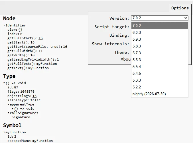 Dropdown menu showing a TypeScript 7.0.2 selection on ts-ast-viewer.com