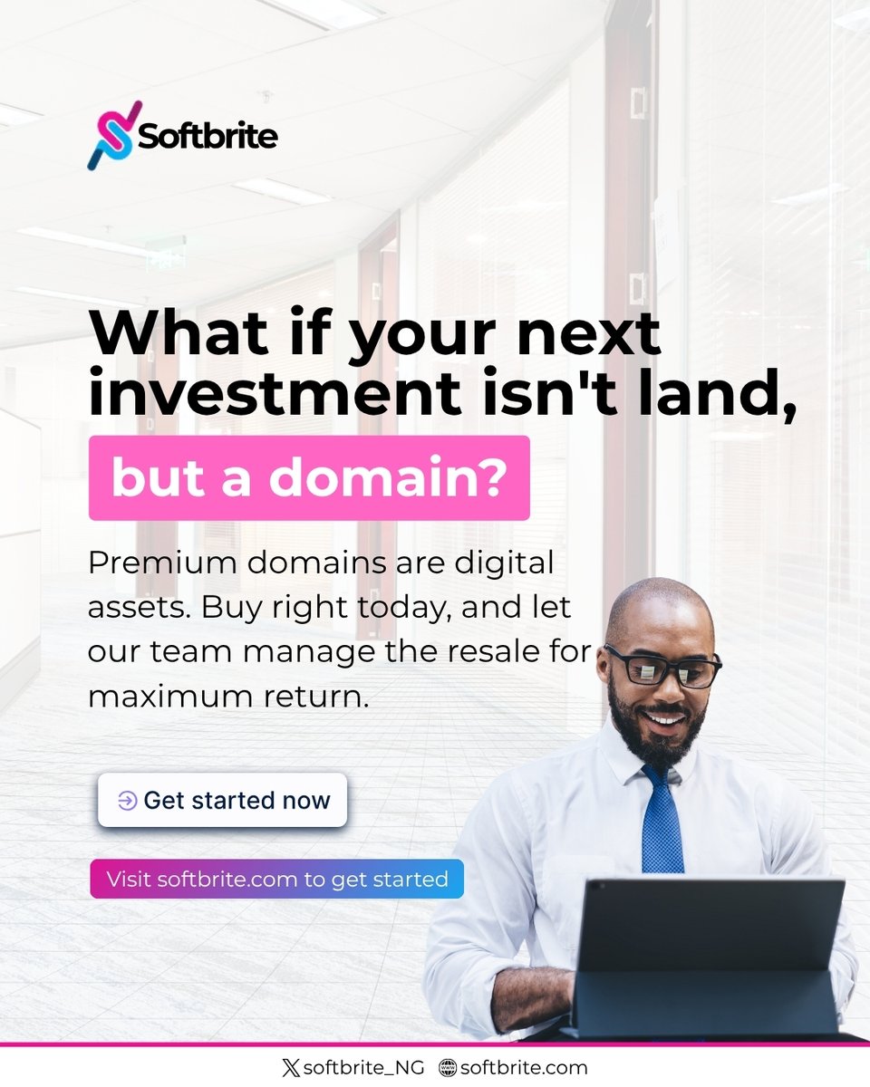 softbrite_NG's tweet photo. Forget buying physical land, the new wealth frontier is digital. 

Premium domains are high-value digital assets. You secure the domain, and Softbrite’s expert team handles everything else-listing, negotiating, and closing the deal for your maximum return. https://t.co/qo02r64AqB