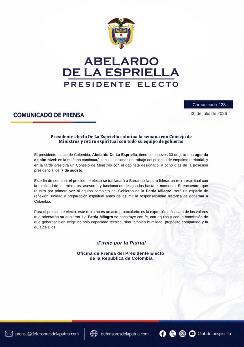 defensoresco's tweet photo. #ATENCIÓN | El presidente electo de Colombia, Abelardo De La Espriella (@ABDELAESPRIELLA), desarrollará este jueves una agenda de alto nivel que incluye la continuidad de las sesiones de empalme territorial y un Consejo de Ministros con el gabinete designado, como parte de la preparación del Gobierno que asumirá funciones el próximo 7 de agosto.

Al finalizar la jornada, el presidente electo encabezará en Barranquilla un retiro espiritual junto a ministros, asesores y altos funcionarios designados.