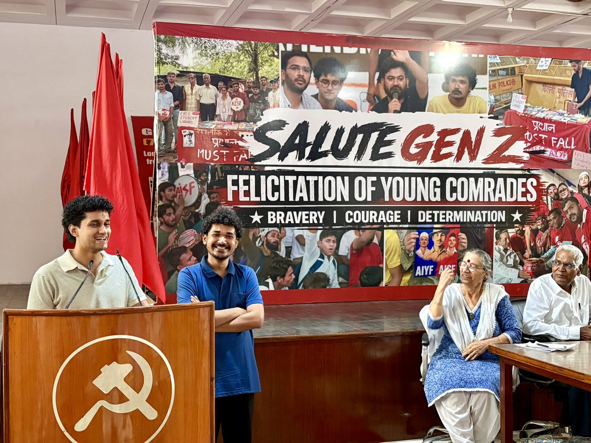 ComradeDRaja's tweet photo. Today, at Ajoy Bhawan, we salute the extraordinary courage, determination and fighting spirit of Gen Z.

The resolute youth-student movement that compelled the resignation of Union Education Minister Dharmendra Pradhan has shown once again that when people unite with conviction, they can shape the course of history. This victory belongs to every student and every young person who refused to bow before injustice.

I was presided over the felicitation programme, moderated by CPI National Secretary Amarjeet Kaur. CJP Chief Spokesperson Saurav Das @SauravDassss joined us and appreciated the role played by AISF and other Left student organisations in anchoring the nationwide youth-student movement. AISF General Secretary Dinesh Seerangaraj delivered the welcome address, while AISF President Viraaj Devang proposed the vote of thanks.

It was a matter of immense pride to felicitate hundreds of young comrades with roses and books alongside my colleagues from the CPI leadership. The programme was attended by CPI National Secretariat members Dr. Bhalchandra Kango, Rama Krushna Panda, Dr. Girish and Annie Raja, along with National Executive members Ravula Venkaiah, Prof. Dinesh Varshney and Nisha Siddhu. The felicitation was followed by inspiring cultural performances and resounding slogans of struggle and solidarity.

The movement has achieved an important victory, but the larger struggle for accessible, equitable and corruption-free public education continues. I have every confidence that this generation will continue to stand at the forefront of the fight for democracy, justice and equality.

Salute to Gen Z. The future fights back. ✊

@AISFofficial