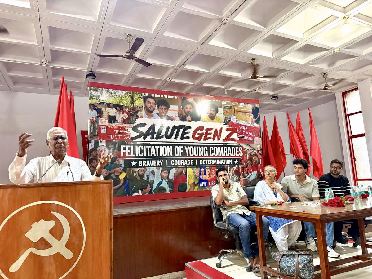 ComradeDRaja's tweet photo. Today, at Ajoy Bhawan, we salute the extraordinary courage, determination and fighting spirit of Gen Z.

The resolute youth-student movement that compelled the resignation of Union Education Minister Dharmendra Pradhan has shown once again that when people unite with conviction, they can shape the course of history. This victory belongs to every student and every young person who refused to bow before injustice.

I was presided over the felicitation programme, moderated by CPI National Secretary Amarjeet Kaur. CJP Chief Spokesperson Saurav Das @SauravDassss joined us and appreciated the role played by AISF and other Left student organisations in anchoring the nationwide youth-student movement. AISF General Secretary Dinesh Seerangaraj delivered the welcome address, while AISF President Viraaj Devang proposed the vote of thanks.

It was a matter of immense pride to felicitate hundreds of young comrades with roses and books alongside my colleagues from the CPI leadership. The programme was attended by CPI National Secretariat members Dr. Bhalchandra Kango, Rama Krushna Panda, Dr. Girish and Annie Raja, along with National Executive members Ravula Venkaiah, Prof. Dinesh Varshney and Nisha Siddhu. The felicitation was followed by inspiring cultural performances and resounding slogans of struggle and solidarity.

The movement has achieved an important victory, but the larger struggle for accessible, equitable and corruption-free public education continues. I have every confidence that this generation will continue to stand at the forefront of the fight for democracy, justice and equality.

Salute to Gen Z. The future fights back. ✊

@AISFofficial