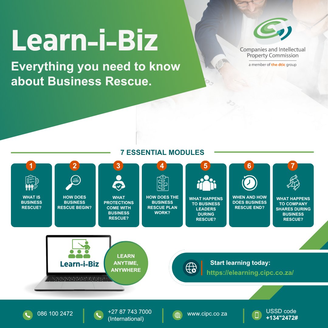 theCIPC's tweet photo. Build your knowledge of Business Rescue through seven essential learning modules available on the Learn-i-Biz e-learning platform.

Whether you're looking to understand the business rescue process or enhance your professional knowledge, these modules provide valuable insights into key concepts and best practices.

🎓 Access the e-learning platform: https://t.co/QJNoihYOcj
📖 Read the article to learn more about the Business Rescue modules: https://t.co/yKWqa9Dnvl

#CIPC #LearniBiz #BusinessRescue #ELearning #ProfessionalDevelopment