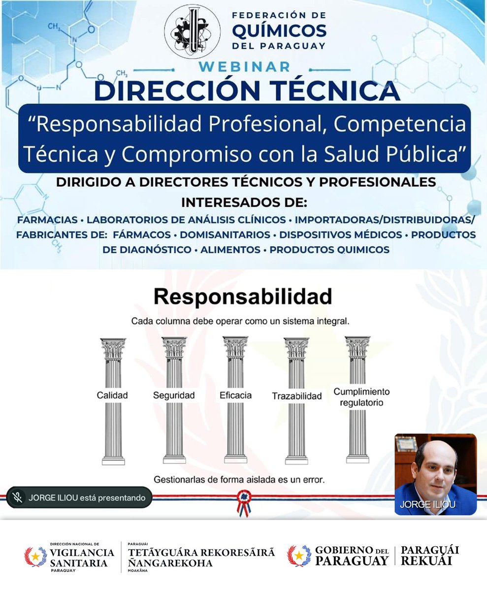 DINAVISApy's tweet photo. El Director Nacional de #DINAVISApy, MSc. Q.F. Jorge Iliou Silvero, disertó en el webinar "Responsabilidad Profesional, Competencia Técnica y Compromiso con la salud Pública", organizado por la Federación de Químicos del Paraguay. https://t.co/yIXRShiMRR