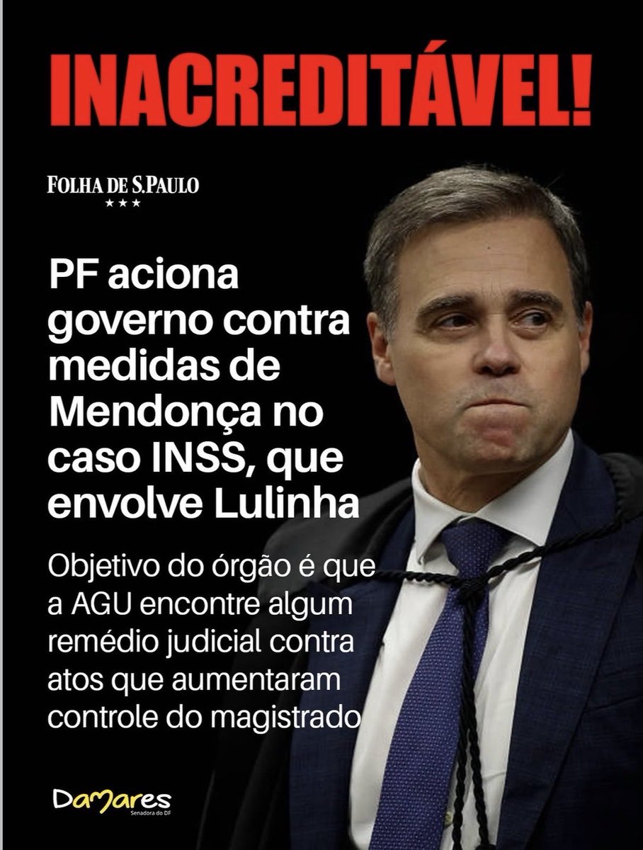 DamaresAlves's tweet photo. Inacreditável! Inimaginável!

No que pese todo o respeito que tenho pela Polícia Federal, não posso deixar de registrar que soa estranha esta iniciativa de questionar justamente uma decisão do ministro André que envolve o filho do presidente Lula.

Não me lembro de ver a Polícia Federal se manifestar contrária às ordens de prisão e à forma como os idosos foram obrigados a cumprir determinações naquele “campo de concentração”, no dia 9 de janeiro ou nos dias posteriores, sendo tratados como terroristas, mesmo sendo pessoas idosas e doentes.

Vou acompanhar os próximos movimentos da Polícia Federal e da AGU e espero que não estejamos diante de uma tentativa de blindagem e de uso da máquina pública para retardar as investigações.