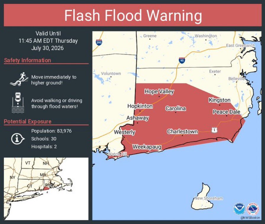 tony_tpetrarca's tweet photo. WEATHER ALERT: Flash Flood Warning continues in southern RI. Latest radar shows heavy rain nearly stationary over the warned area. Street and urban flooding likely. Stay tuned to 12News for updates https://t.co/eWwXliEBMf