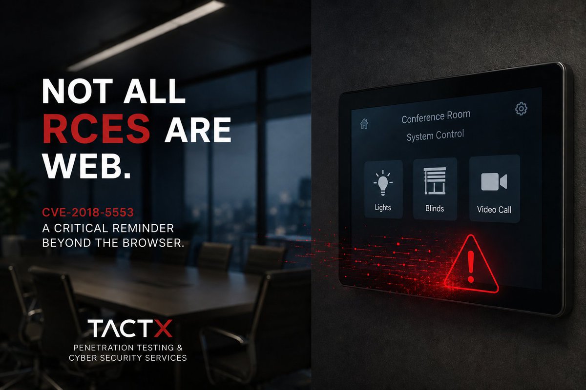 TactXGroup's tweet photo. There's a touchscreen in your conference room.

Attackers don't see furniture.

They see another endpoint.

CVE-2018-5553 is a reminder that not every RCE lives behind HTTP.

Read more 👇
 https://t.co/s9oesVKWRW
#CyberSecurity #InfoSec #IoTSecurity #PT #IR https://t.co/vlSDV1Hm3S