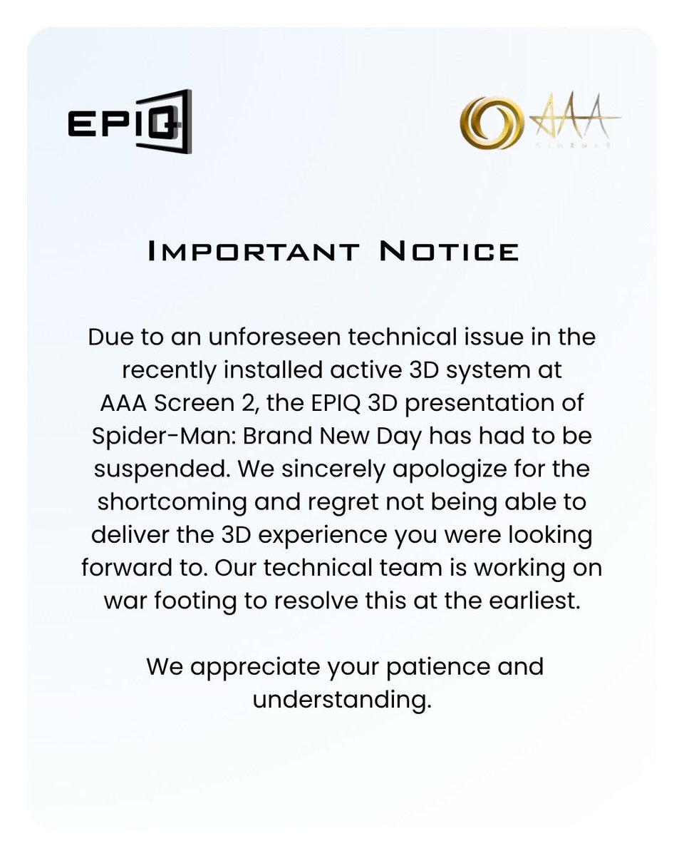epiqcinema's tweet photo. Important notice.

@aaacinemasoffl https://t.co/bP3j3dLf6p