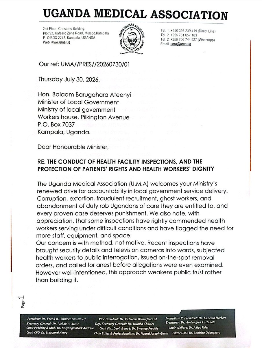 TheUMAofficial's tweet photo. Dear Honourables @BalaamBarugahar
@JustineNameere

RE: CONDUCT OF MINISTERIAL INSPECTIONS AT PUBLIC HEALTH FACILITIES

The Uganda Medical Association (U.M.A.) acknowledges your Ministry’s commitment to rooting out corruption, absenteeism, and service delivery failures in local government. We share your goal of accountability. 

𝗛𝗼𝘄𝗲𝘃𝗲𝗿, we are deeply concerned about the 𝗺𝗲𝘁𝗵𝗼𝗱𝘀 employed during recent inspections of health facilities; specifically, the presence of television cameras in clinical areas, the public interrogation of health workers, and arrests ordered before allegations have been properly investigated.

𝗣𝗮𝘁𝗶𝗲𝗻𝘁𝘀 𝗮𝗿𝗲 𝗻𝗼𝘁 𝗲𝘅𝗵𝗶𝗯𝗶𝘁𝘀. Filming patients in wards, maternity units, and consultation rooms without informed consent violates the Patients' Rights and Responsibilities Charter, the Data Protection and Privacy Act, and Article 27 of the Constitution, which guarantees the right to privacy. 𝗔 𝗵𝗼𝘀𝗽𝗶𝘁𝗮𝗹 𝗶𝘀 𝗮 𝗽𝗹𝗮𝗰𝗲 𝗼𝗳 𝗵𝗲𝗮𝗹𝗶𝗻𝗴, 𝗻𝗼𝘁 𝗮 𝘀𝗽𝗲𝗰𝘁𝗮𝗰𝗹𝗲.

𝗥𝗲𝘀𝘁 𝗮𝗻𝗱 𝗹𝗲𝗮𝘃𝗲 𝗮𝗿𝗲 𝗻𝗼𝘁 𝗮𝗯𝘀𝗲𝗻𝘁𝗲𝗲𝗶𝘀𝗺. Finding a health worker away from their station proves nothing without first verifying the duty roster, leave records, night-duty history, and on-call arrangements. Compensatory rest after night duty, annual leave, and sick leave are lawful entitlements under the Employment Act and Article 40 of the Constitution. Accusations of absenteeism must follow verification, not precede it.

𝗦𝘆𝘀𝘁𝗲𝗺𝗶𝗰 𝗳𝗮𝗶𝗹𝘂𝗿𝗲𝘀 𝗰𝗮𝗻𝗻𝗼𝘁 𝗯𝗲 𝗯𝗹𝗮𝗺𝗲𝗱 𝗼𝗻 𝗳𝗿𝗼𝗻𝘁𝗹𝗶𝗻𝗲 𝘄𝗼𝗿𝗸𝗲𝗿𝘀. Uganda’s public facilities are staffed at roughly a third of established need—34% against Ministry of Health norms, with diagnostic services at 47.7% and medicine availability at 58.9%. Where a worker refers a patient due to a stock-out or missing test, that is a systemic failure, not corruption. The two must be distinguished.

𝗗𝘂𝗲 𝗽𝗿𝗼𝗰𝗲𝘀𝘀 𝗶𝘀 𝗻𝗼𝘁 𝗼𝗽𝘁𝗶𝗼𝗻𝗮𝗹. Articles 28 and 42 of the Constitution guarantee the presumption of innocence and a fair hearing. Arrests and public humiliation cannot substitute for proper investigation through established @PoliceUg, public-service, and professional-regulatory channels.

U.M.A therefore recommends that;

- 𝗖𝗮𝗺𝗲𝗿𝗮𝘀 𝗿𝗲𝗺𝗮𝗶𝗻 𝗼𝘂𝘁 𝗼𝗳 𝗮𝗰𝘁𝗶𝘃𝗲 𝗰𝗹𝗶𝗻𝗶𝗰𝗮𝗹 𝗮𝗿𝗲𝗮𝘀!!! 

- @GovUganda fixes the system and funds recruitment and supplies. 

- Humiliation Health Workers stops immediately. 

- @MoLGUganda  either leaves health facility inspections to @MinofHealthUG and it's organs or requests their active involvement. 

𝗔𝗰𝗰𝗼𝘂𝗻𝘁𝗮𝗯𝗶𝗹𝗶𝘁𝘆 𝗮𝗻𝗱 𝗗𝗶𝗴𝗻𝗶𝘁𝘆 𝗰𝗮𝗻 𝗮𝗻𝗱 𝗺𝘂𝘀𝘁 𝗴𝗼 𝘁𝗼𝗴𝗲𝘁𝗵𝗲𝗿. 

Service with Honour,