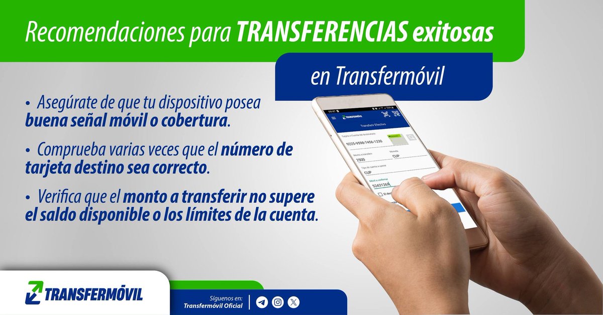 transfermovilcu's tweet photo. Ten en cuenta estas recomendaciones al momento de realizar transferencias desde Transfermóvil. 📲💁‍♀️ https://t.co/T3ecjEEw71
