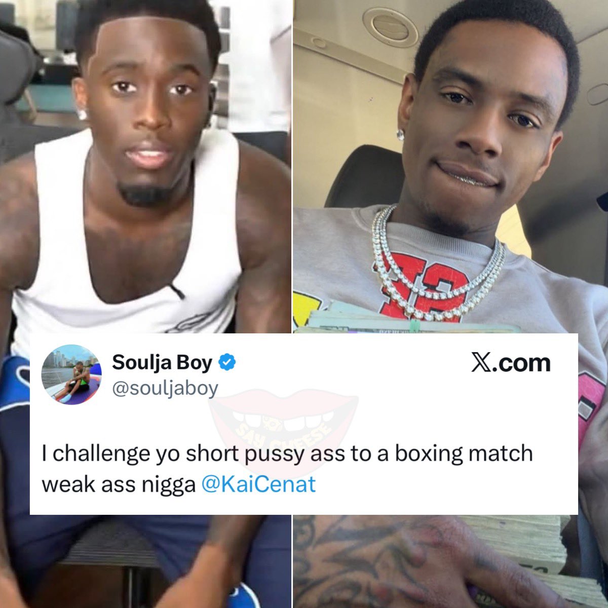 SaycheeseDGTL's tweet photo. Soulja Boy challenges Kai Cenat to a boxing match, saying: "I challenge yo short pussy ass to a boxing match." 👀🥊 https://t.co/IkU2kaZm2q