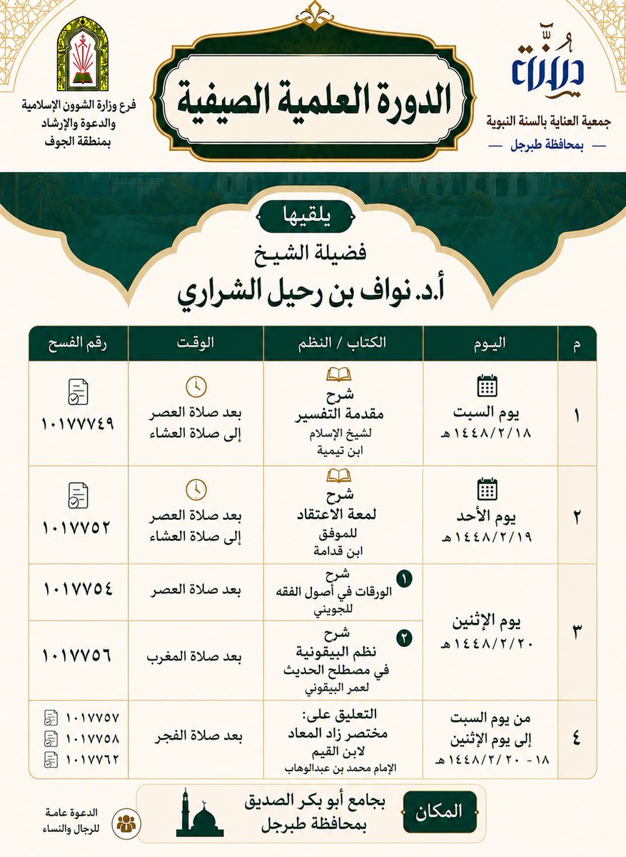 SunnahTabarjal's tweet photo. يسرنا دعوتكم لحظور الدورة العلمية الصيفية لفضيلة الشيخ أ.د نواف بن رحيل الشراري @DrNawafAsharari 
حياكم الله
@Dr_Abdullatif_a @amri3232 @kh_0232 @awwad_sabti
@AljoufSA
@Fsz2012 https://t.co/sAx1lH8xw4