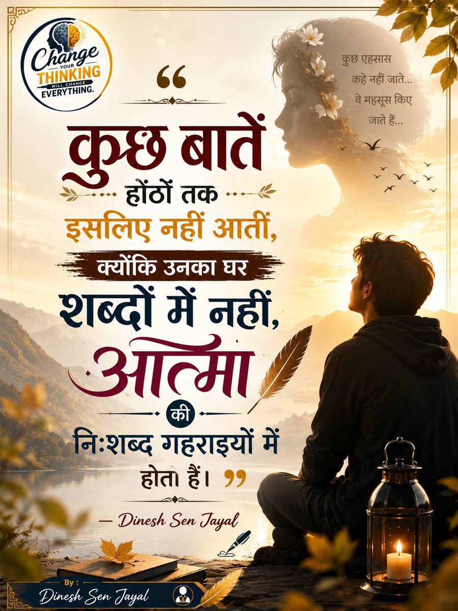 dineshsenjayal's tweet photo. "कुछ बातें होंठों तक इसलिए नहीं आतीं, क्योंकि उनका घर शब्द नहीं, आत्मा की निःशब्द गहराइयाँ होती हैं।"
— Dinesh Sen Jayal https://t.co/oTIjkGvV8L