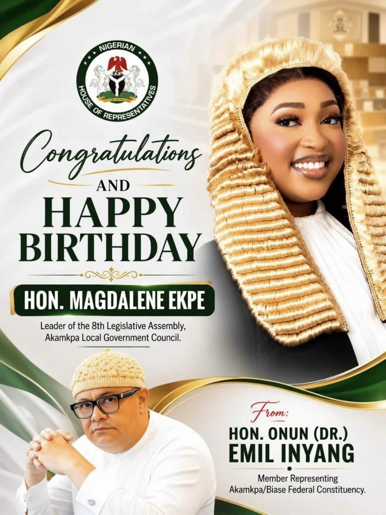 Emilsmedia's tweet photo. BIRTHDAY FELICITATION TO HON. MAGDALENE EKPE

On the joyous occasion of your 2026 Birthday Anniversary, I, on behalf of the good people of Akamkpa/Biase Federal Constituency, warmly congratulate you, Hon. Magdalene Ekpe, https://t.co/IRW7yEJCWQ