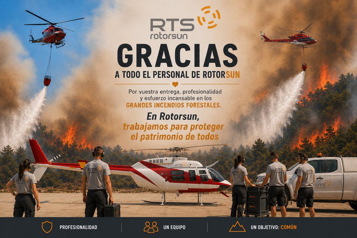 Rotorsun's tweet photo. Detrás de cada descarga de agua y de cada incendio, hay un equipo humano que trabaja con compromiso, profesionalidad y vocación de servicio.
En Rotorsun compartimos un mismo objetivo: proteger el patrimonio de todos. 🚁🔥
#IncendiosForestales #AerialFirefighting #TrabajoEnEquipo https://t.co/vD8YqnT1KE