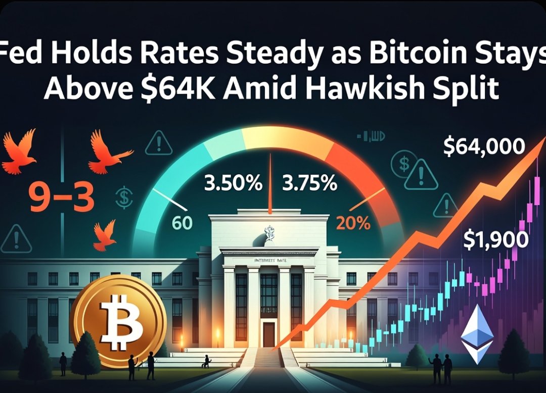Dev_Mustee's tweet photo. Fed Holds Rates Steady as Bitcoin Stays Above $64K Amid Hawkish Split

The Federal Reserve left interest rates unchanged at 3.50 percent to 3.75 percent following a divided 9 to 3 vote, with three policymakers backing a rate hike. Bitcoin held near the $64,000 level after the announcement while Ethereum traded around $1,900, as investors weighed persistent inflation concerns and a cautious Fed outlook.