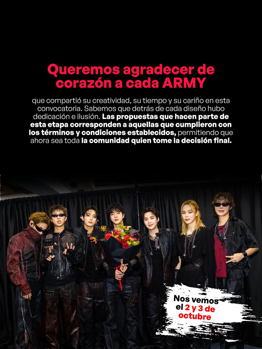 ARMYBogotaCol's tweet photo. 💜 ¡ARMY Colombia, llegó el momento de votar por los banners de los conciertos de BTS en Colombia! 🇨🇴

Después de revisar todas las propuestas, estos son los banners finalistas que cumplieron con los requisitos de la convocatoria: diseño OT7, formato establecido, elementos que representen la unión entre Colombia y Corea del Sur, mensaje en coreano con traducción al español, originalidad (sin IA) y respeto por todo el fandom.

🗳️ ¿Cómo votar?
• Puedes votar por 2 diseños escaneando el QR o en https://t.co/gunDoeOEFf
• Debes iniciar sesión con un correo válido (Un (1) voto por persona por dos (2) opciones).
• Una vez enviado el formulario, no podrás modificar tu respuesta.

✨ Te invitamos a:
• Revisar todas las propuestas antes de votar.
• Elegir de forma honesta los diseños que mejor representen a ARMY Colombia.
• Respetar el trabajo de cada participante.
• Compartir el formulario sin influir en la decisión de otras personas.

🚫 No está permitido:
• Votar con varias cuentas.
• Pedir, comprar o intercambiar votos.
• Desprestigiar otras propuestas o sus creadores.
• Manipular la votación o difundir información falsa.

⚠️ Cualquier incumplimiento podrá resultar en la descalificación del banner.

📢 Los finalistas podrán compartir sus diseños en redes sociales, pero no podrán realizar campañas para pedir votos. El objetivo es mantener una votación libre, justa y transparente para toda la comunidad.

🗓️ La votación estará abierta hasta el 13 de agosto a las 10:00 pm. El 14 de agosto se anunciarán los dos banners finalistas, que pasarán a una última votación para definir cuál será el banner del 2 de octubre y cuál representará al 3 de octubre.

#BTS #ARMYCOLOMBIA