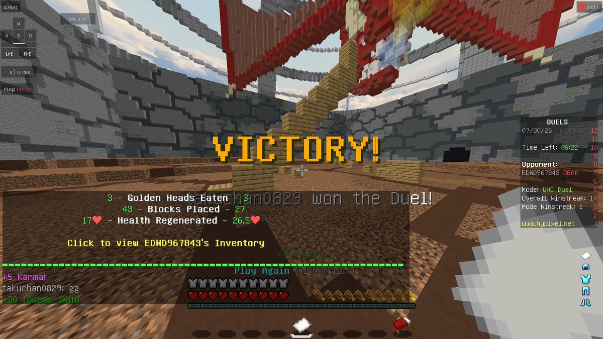 free_gamelife's tweet photo. #マイクラPVP #minecraftPVP #hypixel
本日の戦績
パルクール:1勝
UHCデュエル:2勝
久しぶりのマイクラです。全然勝てないです。また練習します。 https://t.co/TUSyNuqFNy