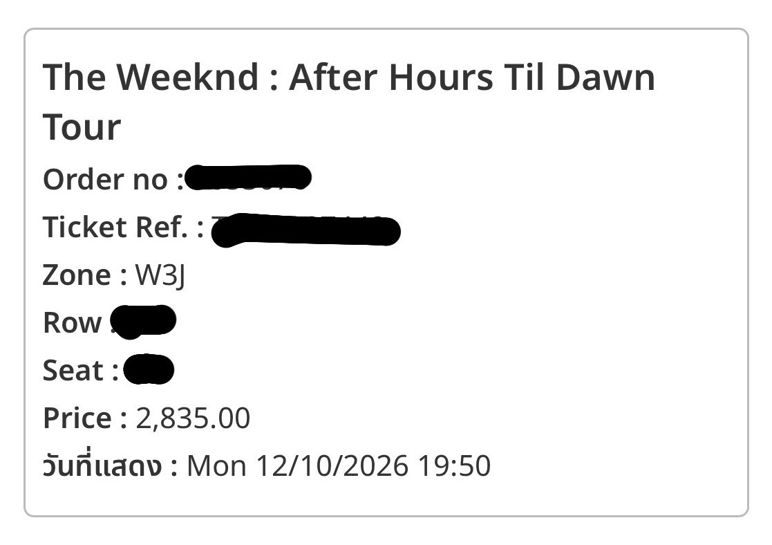 NATTHKAN12's tweet photo. **ปล่อยบัตรคอน The Weeknd รอบวันที่ 12/10
✅ Zone : W3J 1 ใบ
✅ Price : 3,150 (รวมค่าธรรมเนียม+ประกัน)
📌ยังไม่ได้รับบัตรอ่อน รอการจัดส่งค่ะ
สอบถามได้ค่ะ
#AfterHoursTilDawnTourBKK
#TheWeekndLiveInBangkok
#theweekend
#บัตรคอนเสิร์ต https://t.co/DfXtEL06wb