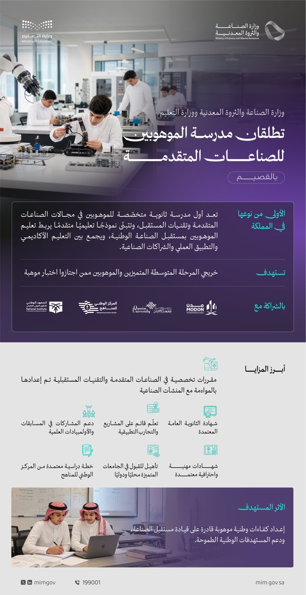 mimgov's tweet photo. للمرة الأولى في المملكة.. 
وزارة #الصناعة_والثروة_المعدنية ووزارة التعليم تُطلقان مدرسة الموهوبين للصناعات المتقدمة، نحو بناء جيل مؤهل بأعلى المهارات والمعارف، يقود مستقبل الصناعة الوطنية. https://t.co/7pGxpF5SE6