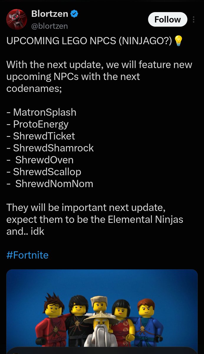 BuffTaiga's tweet photo. @Guff_Guy According to Mindroid and Blortzen yeah
MatronSplash for Nya and ProtoEnergy for Wu however these names refers to Odyssey NPC back when it was discovered

There's also ShrewdShamrock for Lloyd but that's the NPC ID, so really only the Shamrock part is known as his codename so far https://t.co/xy5Amp8SFr