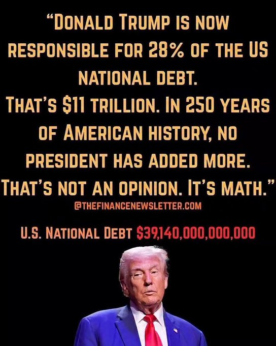 RickvonStauff's tweet photo. When you look at what this orange moron has done to the US, the debt he has accumulated for the country, can you imagine how much more debt Canada would have if Trump's lapdog #1 ass-kisser Poilievre had been elected Prime Minister? https://t.co/FGZLYL9NQa