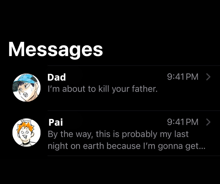 belatinysun's tweet photo. the kind of messages kagehina's daughter gets on her phone #hinakage #kagehina https://t.co/sMmmZM26bX