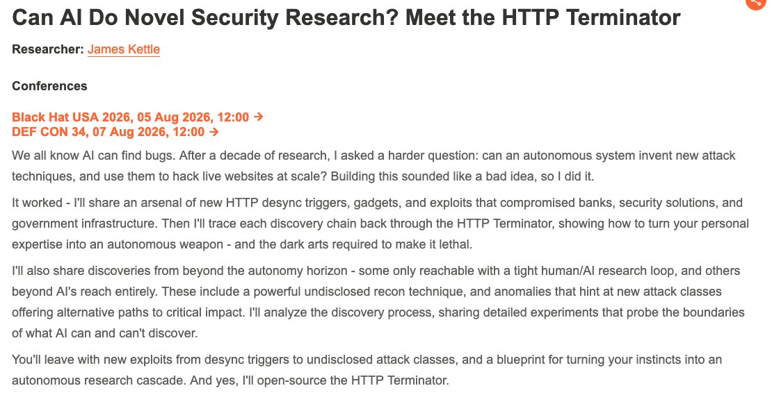 albinowax's tweet photo. In "Can AI Do Novel Security Research?" I'll share:
- A research-machine blueprint for AI enthusiasts
- Clearly defined AI fail-points for AI dodgers
- Extensive insight into what makes security research work
- Many many novel desync goodies

I'll also publish major updates to Turbo Intruder, Param Miner and HTTP Request Smuggler. Plus the full source of the HTTP Terminator itself.  Choose your own adventure :)