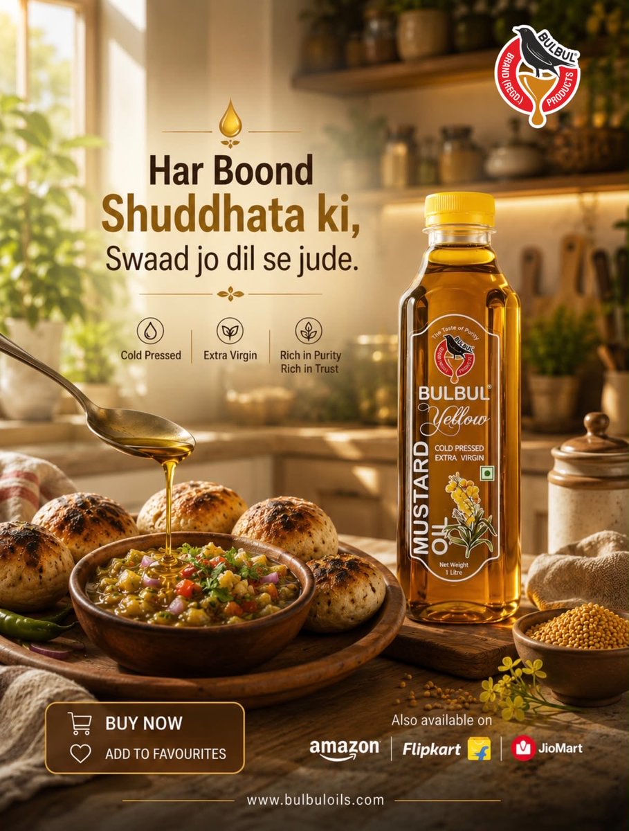 BULBULOILS's tweet photo. Har Boond Shuddhata ki, Swaad jo dil se jude! 🌿✨ 

Bulbul Mustard Oil se har khane ko mile asli swaad aur bharosa. 🏡💛 

You can get your bottles from: https://t.co/I2Q1R8mxJO

#BulbulOils #ColdPressedOil #MustardOil #HealthyCooking #ShuddhSwaad https://t.co/InNsAaDe3B