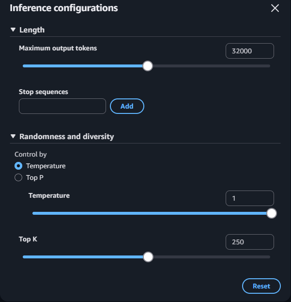 revsystem's tweet photo. Bedrock Evaluations のInference configurations画面、いつのまにかモデルごとに選択可能な設定値のみの表示になってる。半年くらい前に使ったときは画面が矛盾しててCLIで設定する必要があったんだけど、改善されてた。 https://t.co/l4rZGopNwu