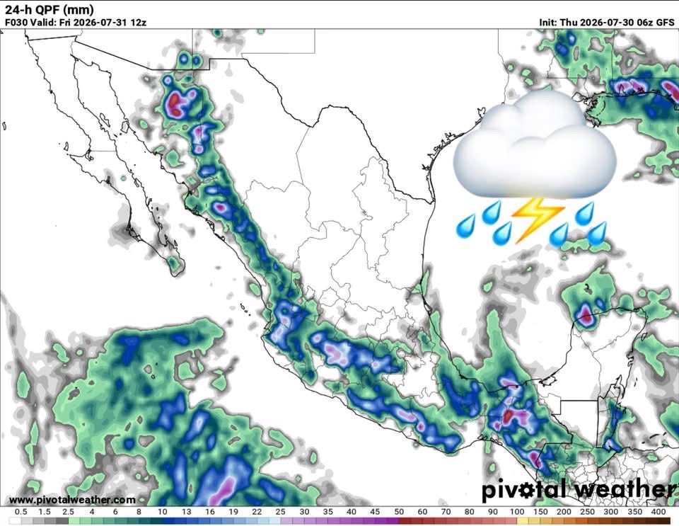 InfoMeteoro's tweet photo. ✅PRONÓSTICO JUEVES 30/JUL/2026 

“Ligera disminución en extensión de lluvias, pero aún con eventos fuertes en la Sierra Madre Occidental, centro, sur, occidente y sureste del país; calor extremo en el norte…” 

⛈️LLUVIAS Y TORMENTAS C/GRANIZO

🔴EVENTOS MÁS INTENSOS🔴
-Son, Sin, Nay, Jal, Mich, EdoMex, CDMX, Gro, Oax, Chis, Tab, Yuc y sur de Veracruz

🟡EVENTOS AISLADOS FUERTES
-BCS, Chih, Dgo, Gto, Qro, Hgo, SLP, Col, Mor, Pue, Tlax, Camp, QRoo y sur de Tamaulipas

🌡️AMBIENTE DIURNO☀️
♨️🔥 >45ºC límites de BC-Son
🔥41-45ºC BC, BCS, Son, Sin, Chih, Coah, NL, Tamps, Mich, Gro, Tab, Camp, Yuc
🥵36-40ºC noroeste, norte, noreste, sureste, oriente
😅26-35ºC Pacífico sur, Bajío, Occidente
😌15-25ºC Altiplano centro

⚠️🌬️RÁFAGAS DE VIENTO km/h
35-60 estados del norte, centro, sureste, siendo mayores en zonas de tormenta