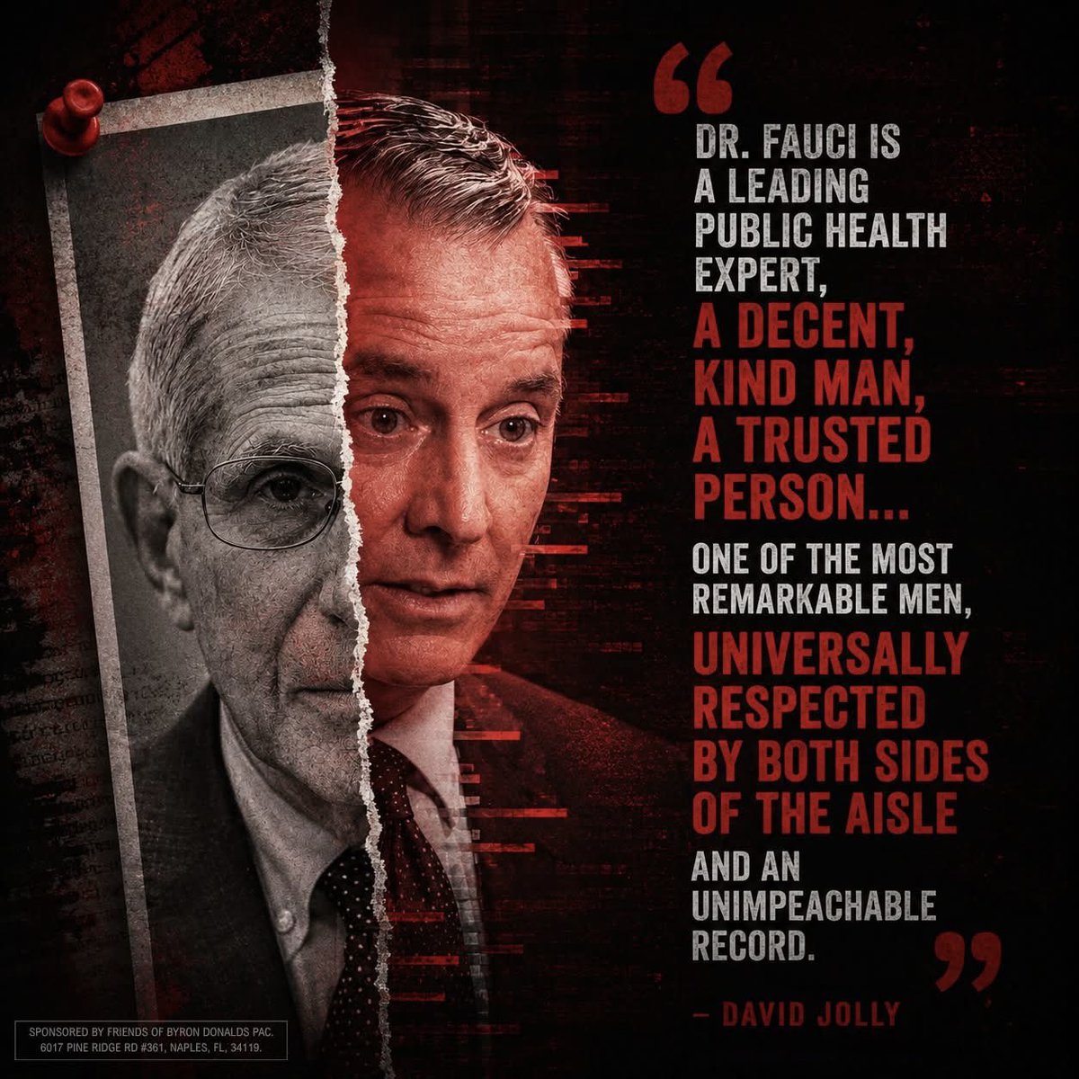 ByronDonalds's tweet photo. David Jolly supported Dr. Anthony Fauci’s COVID lockdowns.

David Jolly backed mask mandates.
David Jolly backed business shutdowns.
David Jolly backed school and church closings.

In David Jolly’s Florida, frauds like Anthony Fauci are put in charge.

Not in my Florida. https://t.co/K7CbEIYOPk
