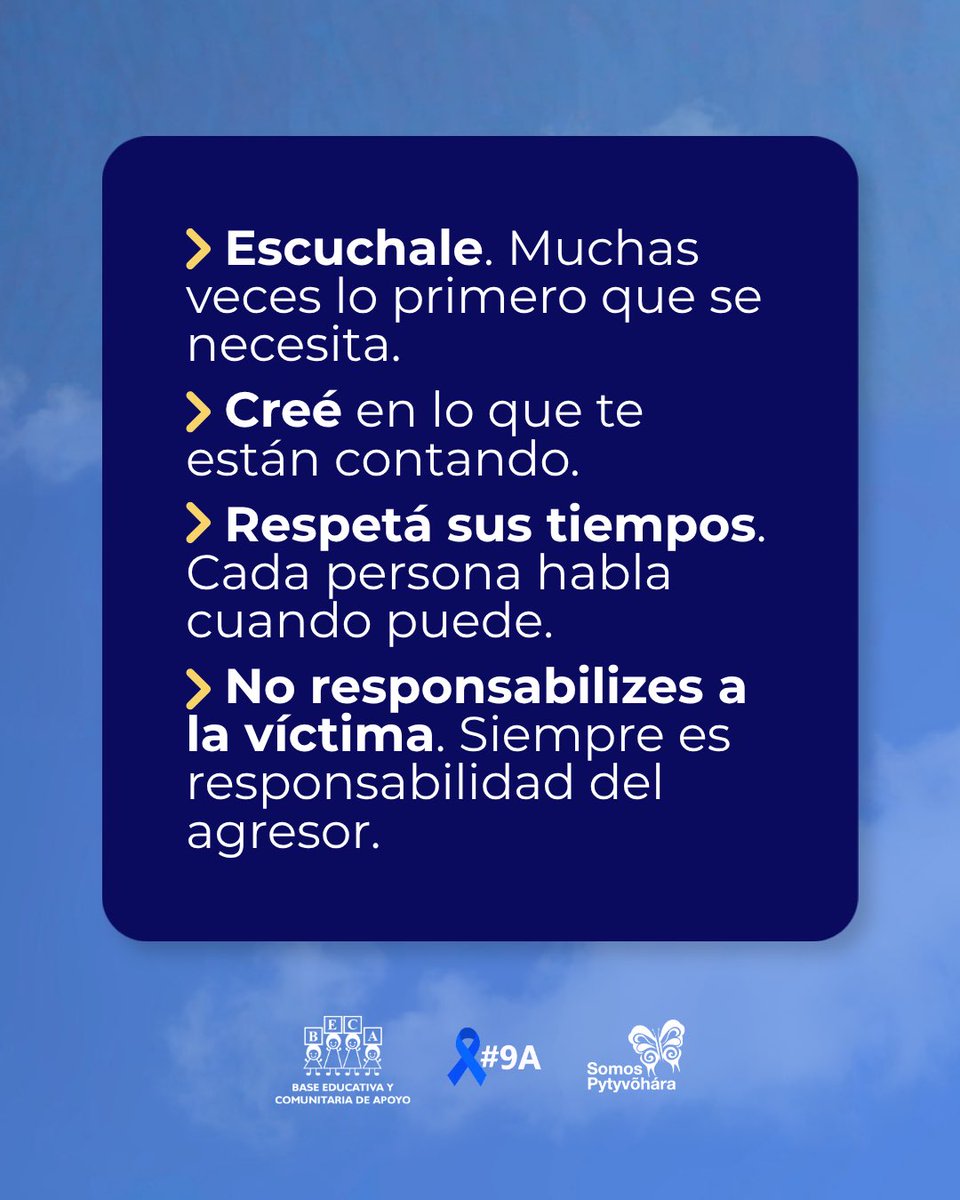 BECAparaguay's tweet photo. La solidaridad empieza con escuchar, creer y acompañar. Acá compartimos info que podría ser muy importante si alguien te cuenta que es sobreviviente de violencia sexual. Compartí para que más personas reflexionen sobre este tema.

#9DeAgosto #SolidaridadYResarcimiento #9A #9Apy https://t.co/dK04copSIF