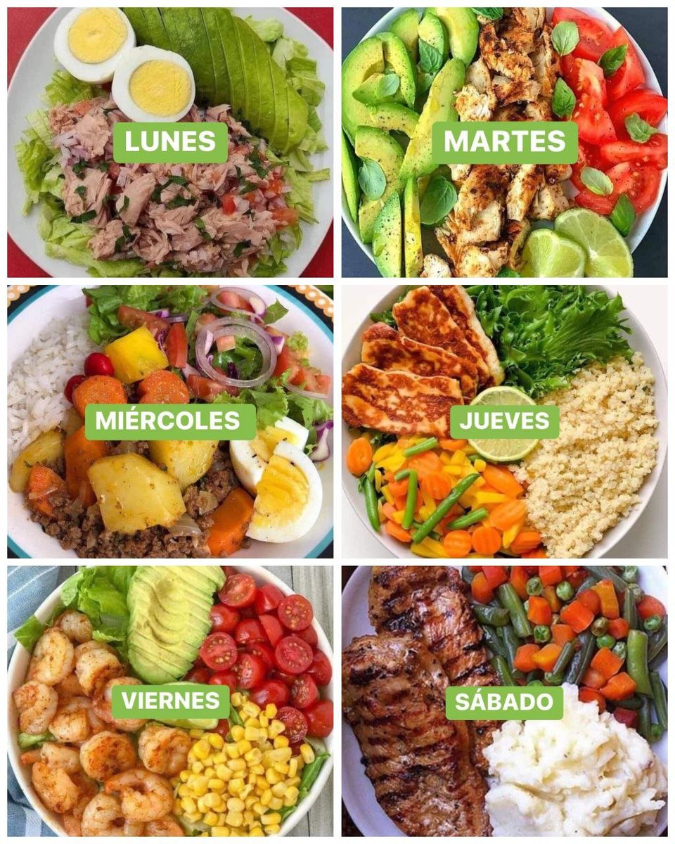 NutriologoGiron's tweet photo. Menu semanal 

LUNES
-Ensalada de atún 
-Huevo
-Aguacate

MARTES
-Pollo asada
-Aguacate
-Verduras

MIERCOLES
-Carne molida
-Arroz
-Brocoli

JUEVES
-Queso asado
-Quinoa
-Verduras

VIERNES
-Camarones
-Elote
-Aguacate
-Jitomate

SABADO
-Carne asada
-Arroz
-Ensalada https://t.co/6KAAfi1TXN