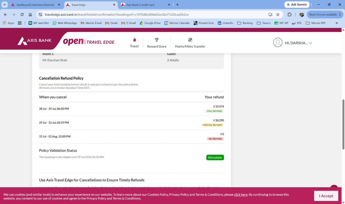 shah_ds's tweet photo. @AxisBank @AxisBankSupport - I had made a refundable hotel booking using the TravelEdge portal and the refund policy of the booking was as per the image attached. However, when I went ahead to go ahead with the cancellation of the booking, the cancellation penalty read as: (1/n) https://t.co/6AhWMVTakK