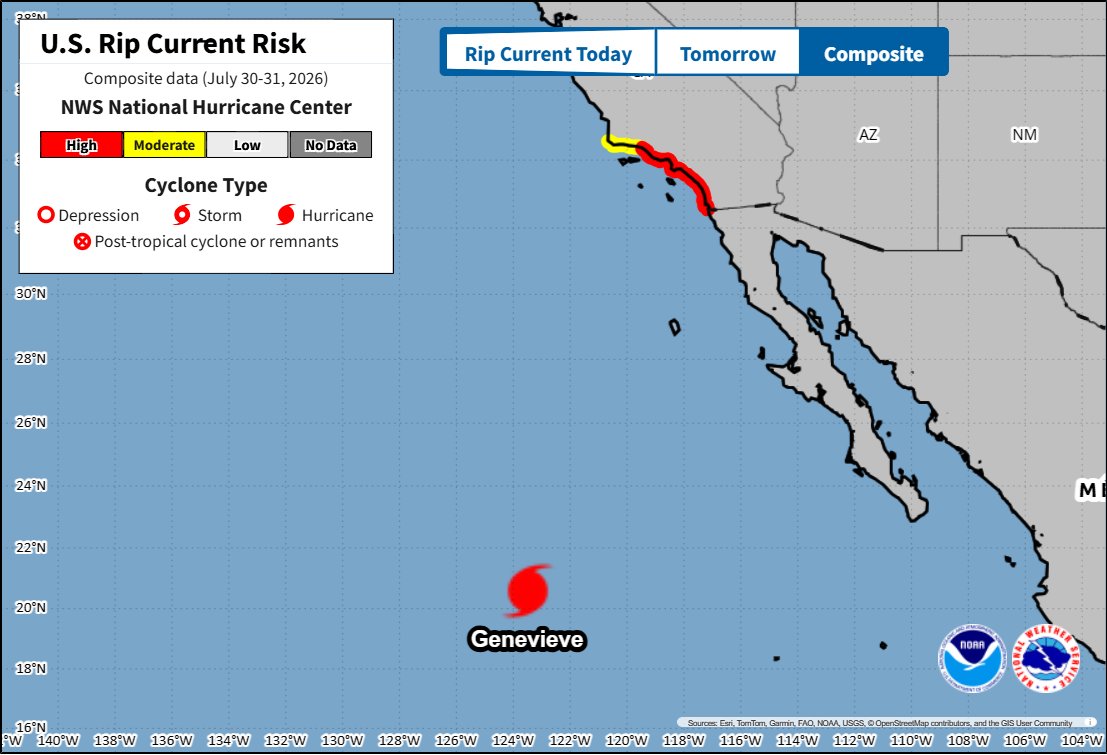 NHC_Pacific's tweet photo. While Hurricane Genevieve will remain out to sea, swells leading to life-threatening surf &amp; rip current conditions will impact the Baja California peninsula and Southern California over the next several days. Visit https://t.co/Oy8uoeRKme and follow @NWSSanDiego @NWSLosAngeles . https://t.co/fVRdwWBYW3