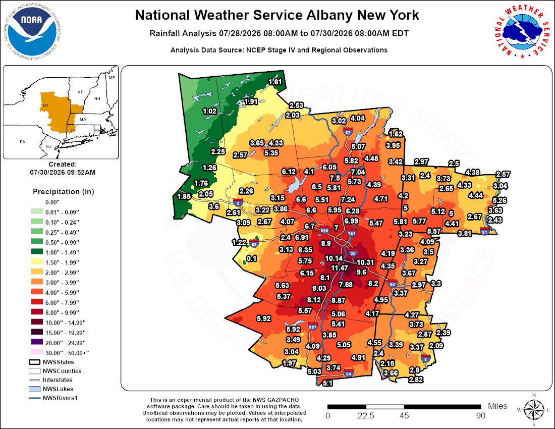 NWSAlbany's tweet photo. Storm total rainfall for eastern NY &amp; western New England July 28-30. Note values at interpolated locations may not represent actual reports at that location. This was an extreme event with max amounts of 6-12" across the Capital District &amp; northern parts of the mid Hudson Valley https://t.co/UtVQHMtLXs