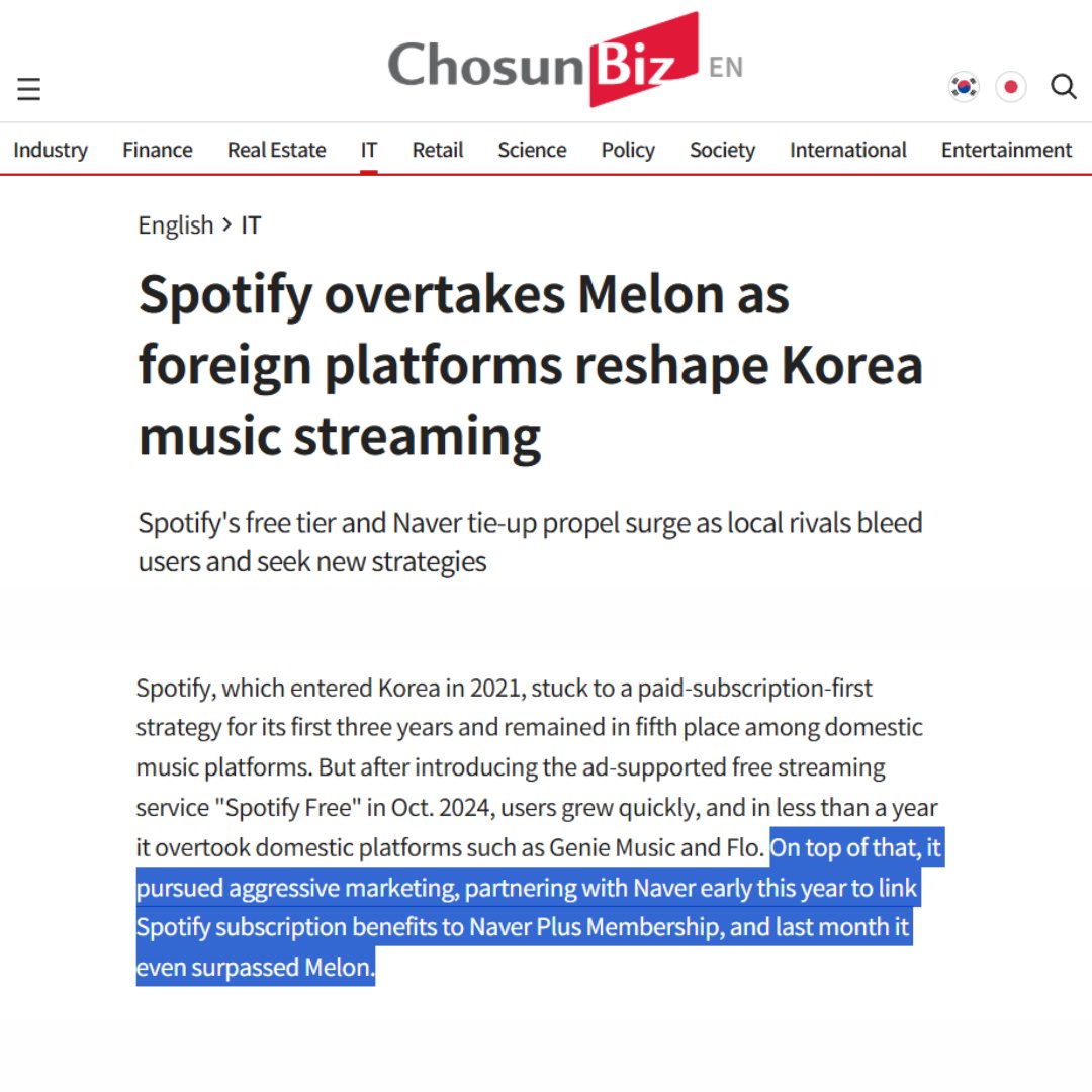 FLXCentral's tweet photo. 📰 Chosun Biz highlighted the Spotify × Naver partnership – modeled by #FELIX – as a key driver behind Spotify's rapid rise in South Korea.

🔹Spotify has now overtaken Melon to become the second most-used music streaming service in the country.

🔹 2021 – Spotify launches in South Korea
🔹 Oct. 2024 – Introduces Spotify Free
🔹 2025 – Surpasses Genie Music and Flo in user numbers.
🐥 end 2025/early 2026 – ( FELIX Campaign ) Partners with Naver Plus Membership.
🔹 Mid-2026 – Overtakes Melon

#FELIX_NAVER_SPOTIFY