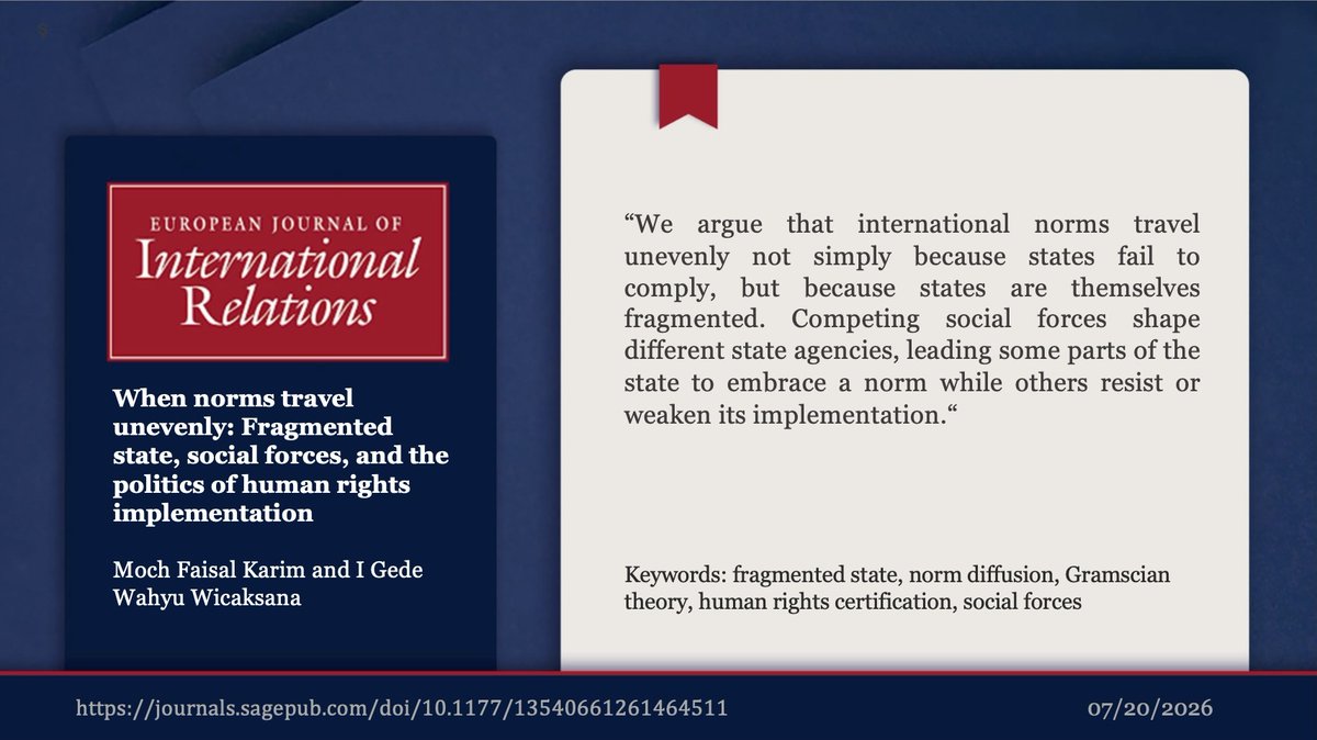 EuroJournIR's tweet photo. Did you know that different parts of the same state can embrace and resist the same international norm at the same time? Find out how competing social forces produce fragmented norm implementation in Moch Faisal Karim (@MochFaisalKarim) and I Gede Wahyu Wicaksana's latest article in EJIR!