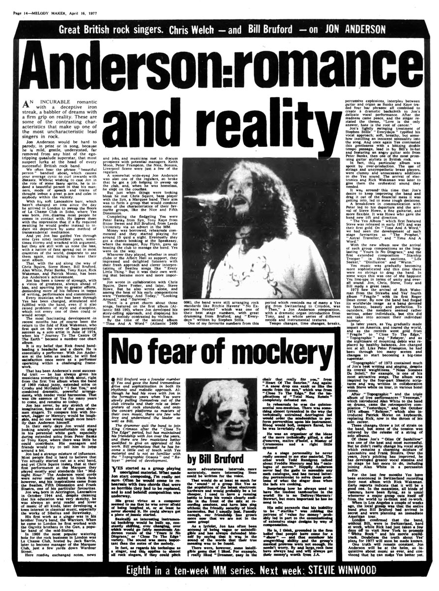 FYesterdays's tweet photo. "Anderson: romance and reality" - "No fear of mockery"
Chris Welch (and Bill Bruford) profile YES's Jon Anderson for Melody Maker, April 16, 1977.

More at Forgotten Yesterdays: https://t.co/Fu71pN2HYw

@TheJonAnderson https://t.co/aAzbJVX8Jp