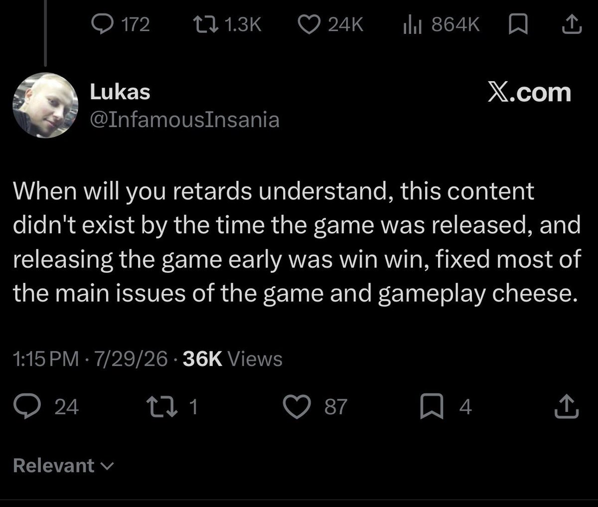 RCXDready's tweet photo. @dipsydoopsie Like this shit can’t be real. We have niggas saying that “releasing the game early was a win win”…..even though the game had MASSIVE issues from launch that took them damn near a month and some change to fix 😭 we are now justifying releasing fucked up games https://t.co/0S1XZdUZEK